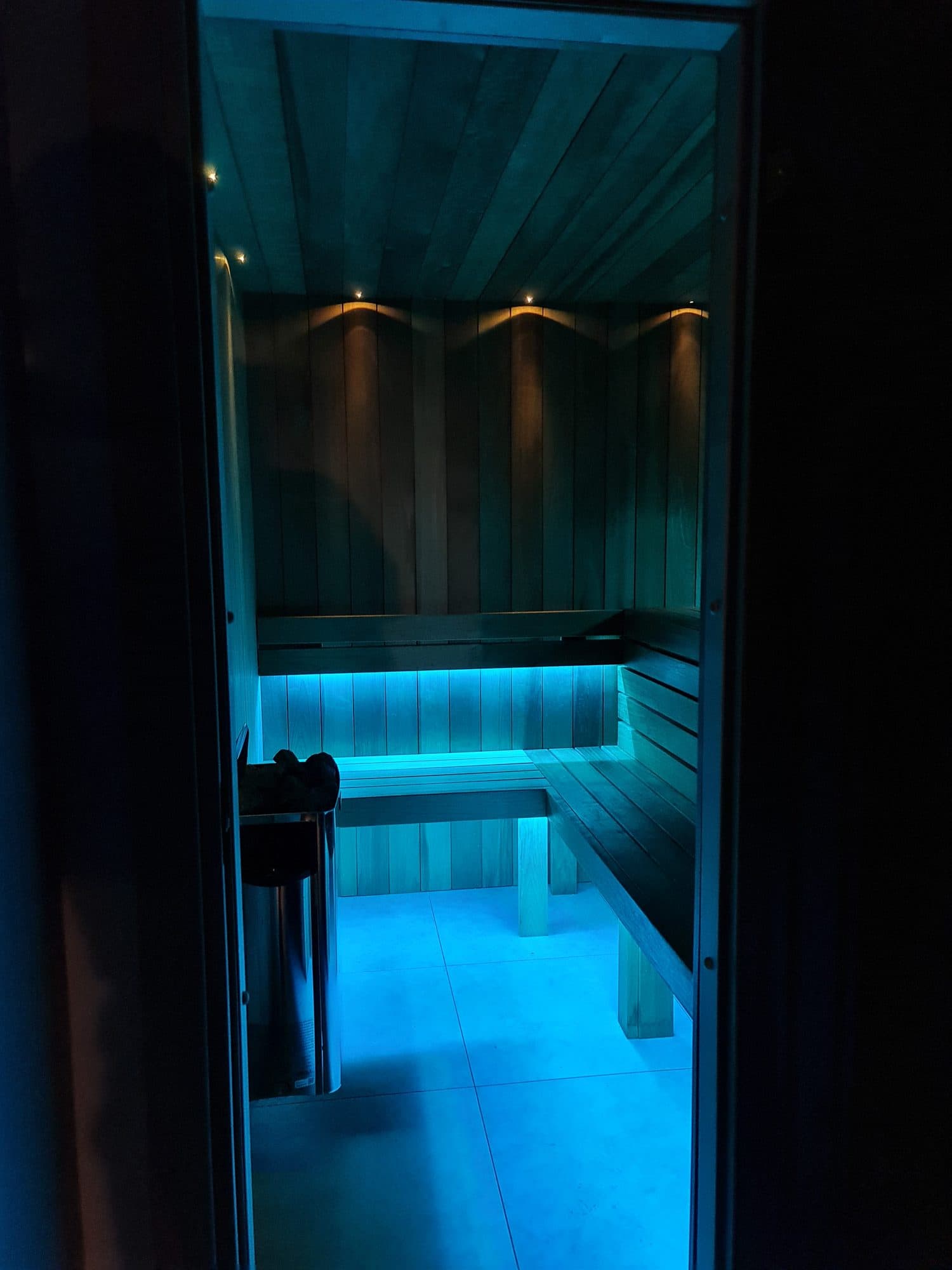 Looking in through the door, the lights set to blue