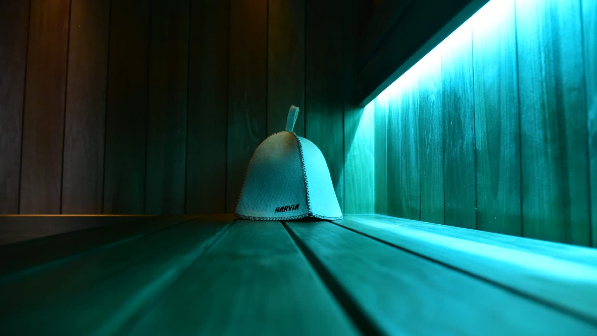 The upper bench in teal light